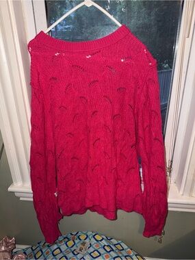 Open-Knit Crewneck Sweater in Bright Pink